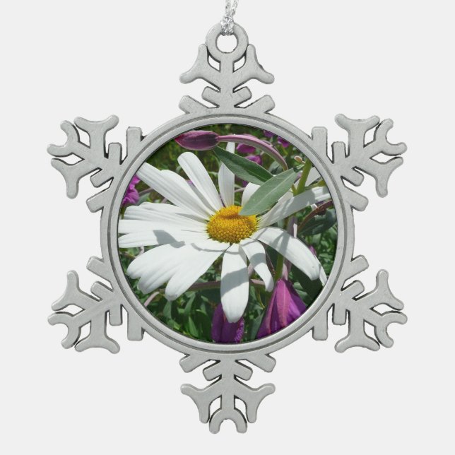 Daisy und Fireweed-Wildblume Schneeflocken Zinn-Ornament (Vorderseite)