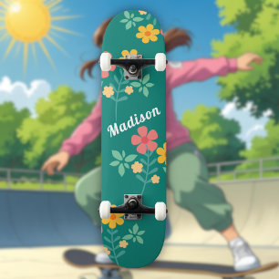 Daisy Vintage Bouquet Pattern in Green Skateboard