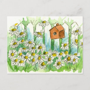 Daisy Watercolor Blume Bird House Postkarte