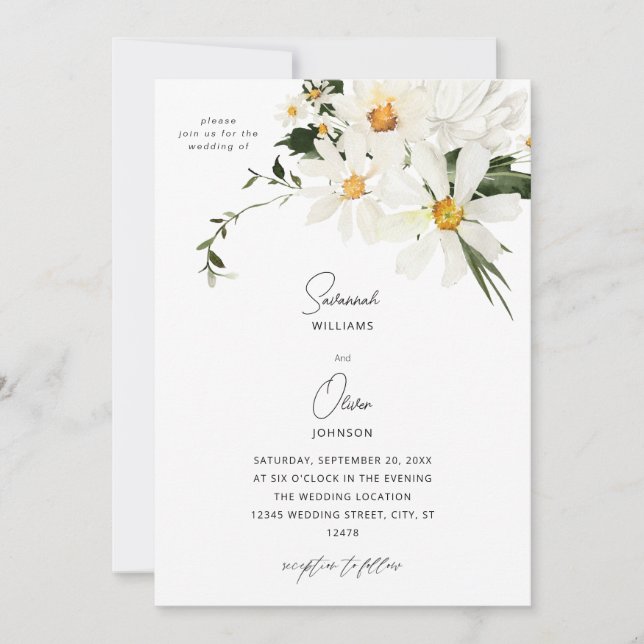 Daisy White Floral Wedding Invitation v2 Einladung (Vorderseite)