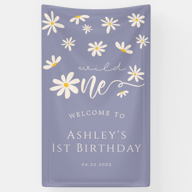 Daisy Wild 1. Geburtstag Lila Willkommenszeichen Banner (Vertikal)