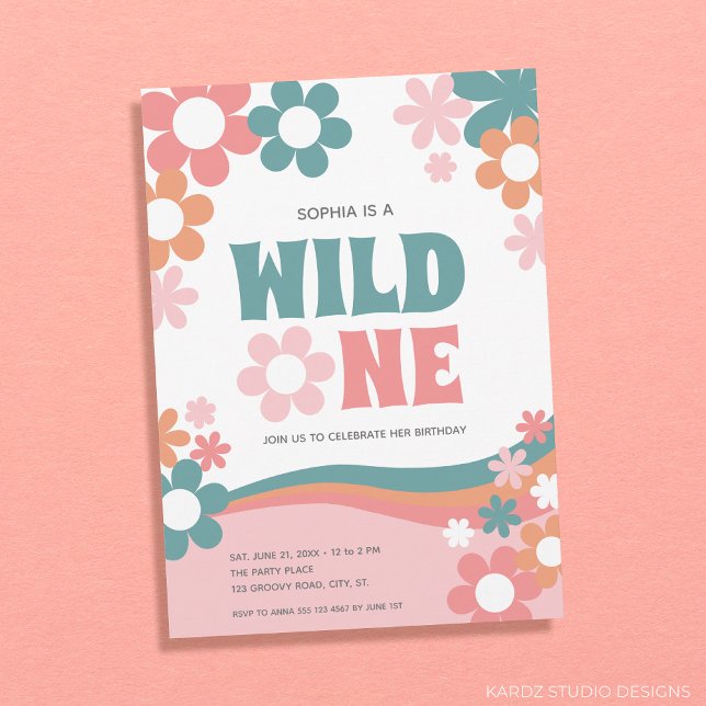 Daisy Wild One Girl Einladung zum 1. Geburtstag (1st Birthday Party Girl, Wild One Theme, personalized invitation. Retro Daisies with trendy colors)
