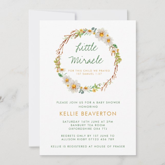 Daisy Wreath Little Miracle Baby shower Invitation (Devant)