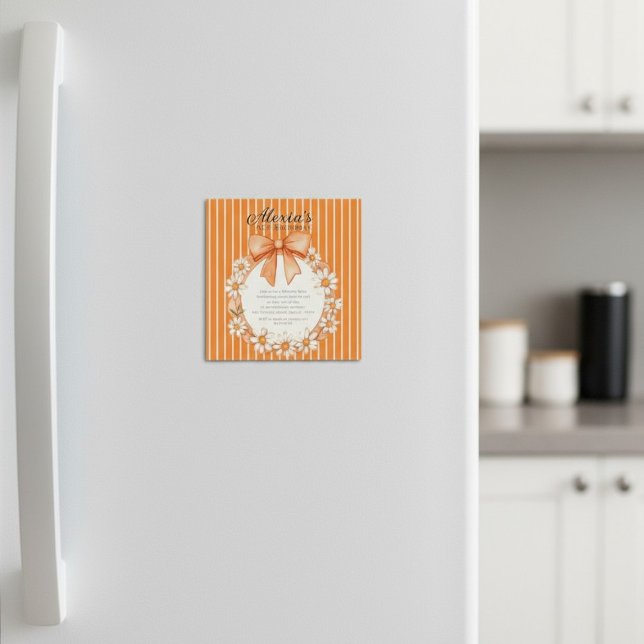 Daisy Wreath Orange Stripe Birthday Thin Magnetic  Magneteinladung (Von Creator hochgeladen)