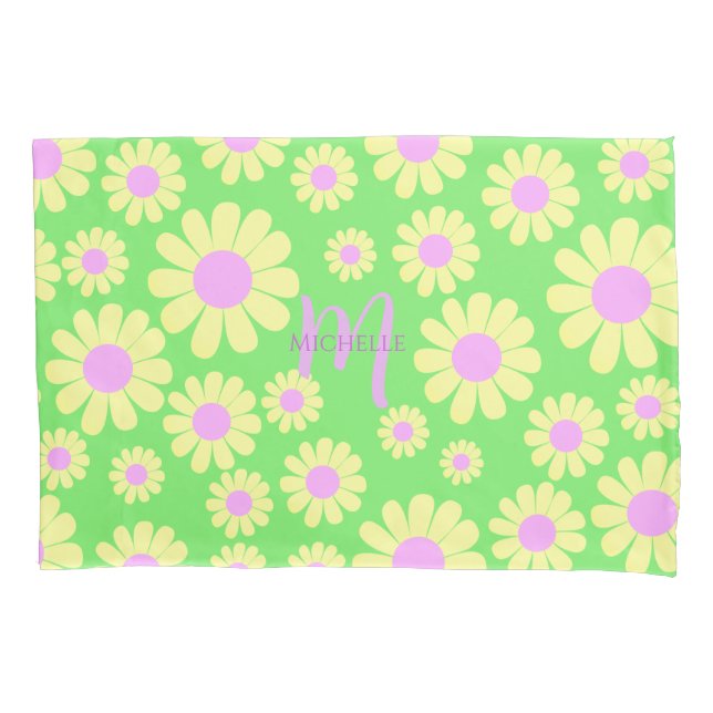 Daisy Yellow Green Monogram Kissenbezug (Vorderseite)