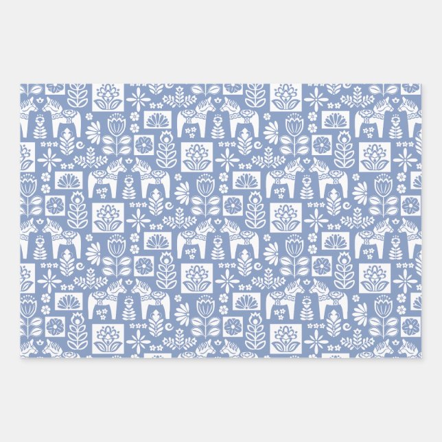 Dala Horse Collage Periwinkle Geschenkpapier Set (Vorderseite)