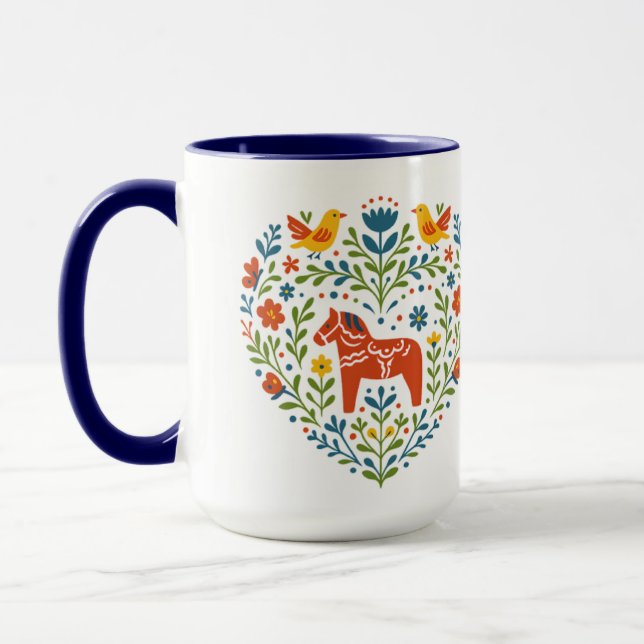 Dala Horse Folk Art Hygge Heart Pattern Mug (Gauche)