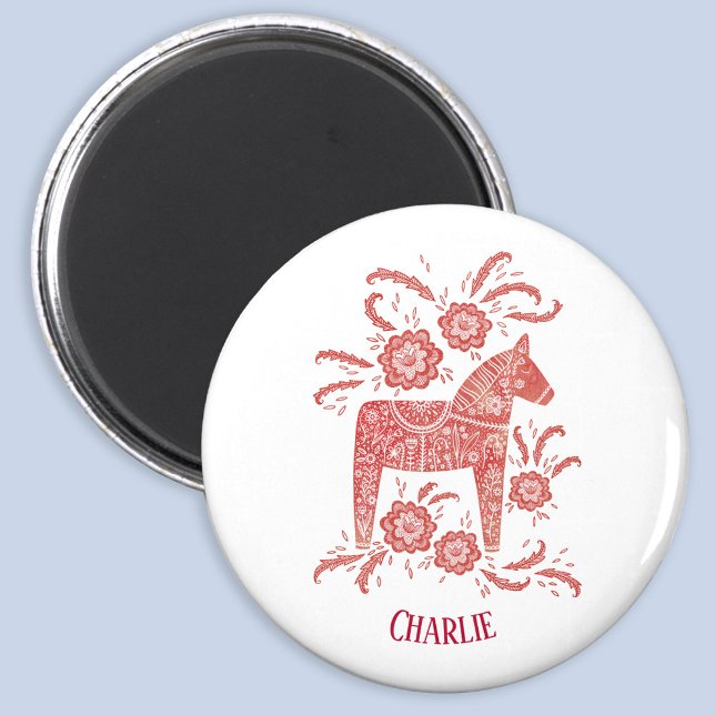 Dala Horse Schwedisch Personalisiert Magnet (Swedish Dala Horse red and white folk art personalized name magnet)