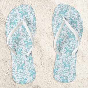 Dala Horse Swedish Aquamarin Green and White Patte Flip Flops