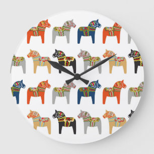 Dala Horse Swedish Folk Art Pattern Große Wanduhr