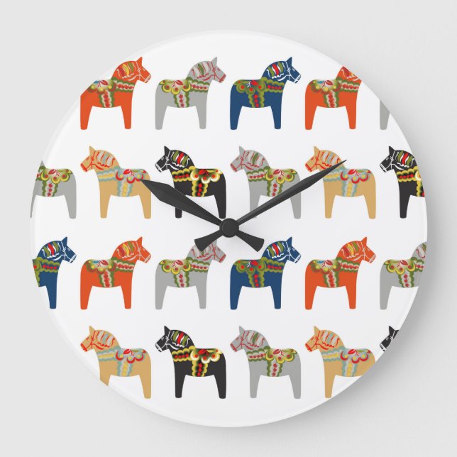 Dala Horse Swedish Folk Art Pattern Große Wanduhr (Vorderseite)