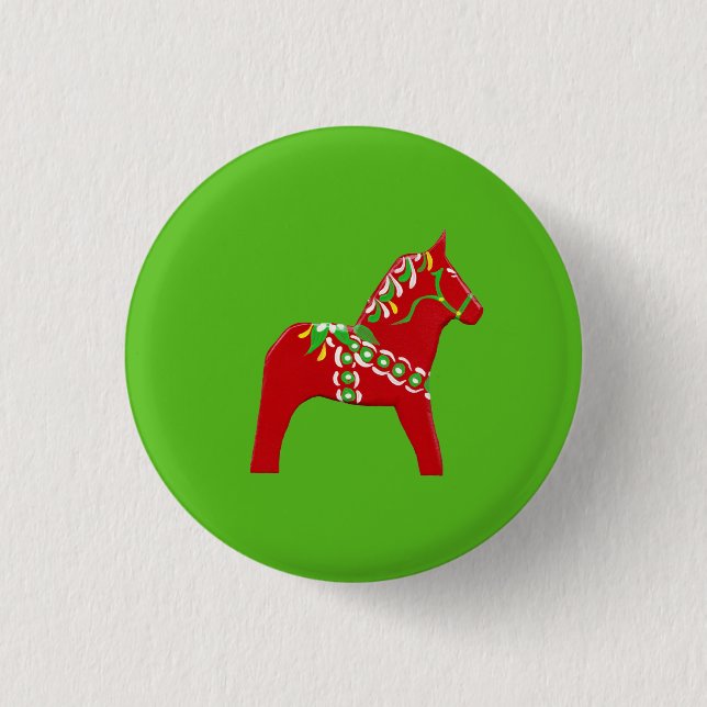 Dala Pferd in Rot und Grün Button (Vorderseite)