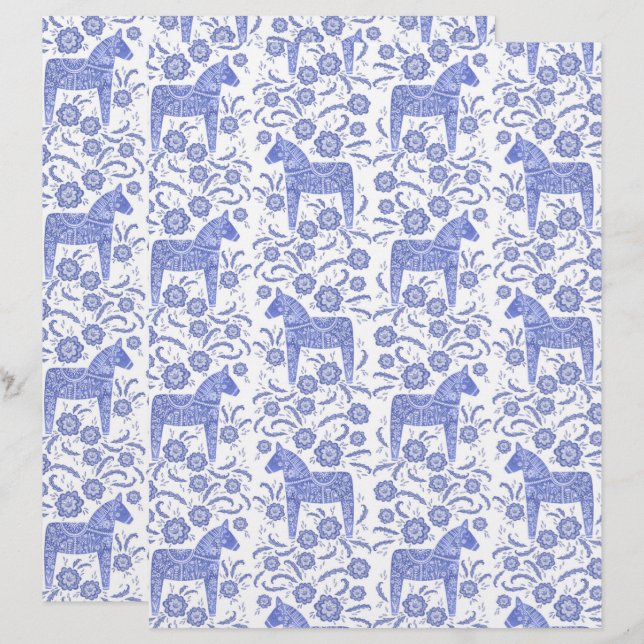 Dala suédois Cheval bleu Folk Art papier (Devant / Derrière)