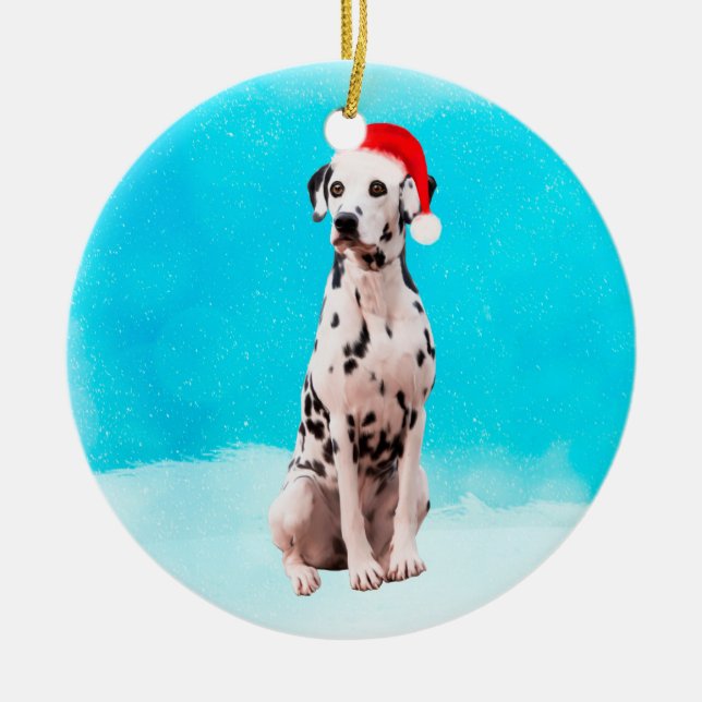 Dalformation Hund in Schnee Weihnachtshut Keramik Ornament (Vorne)