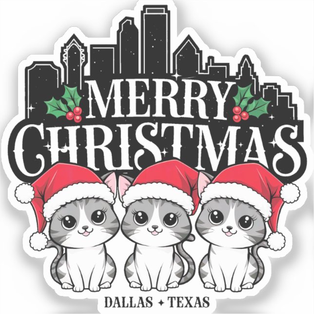 Dallas City Texas Merry Christmas Cats USA Aufkleber (Vorderseite)