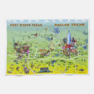 Dallas Fort Worth Cartoon Karte Geschirrtuch