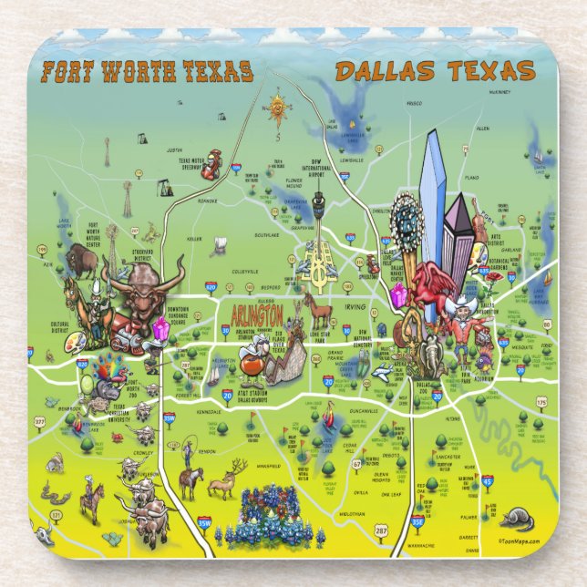 Dallas Fort Worth Cartoon Karte Getränkeuntersetzer (Vorderseite)