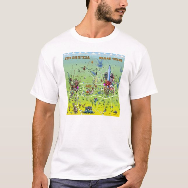 Dallas Fort Worth Cartoon Karte T-Shirt (Vorderseite)