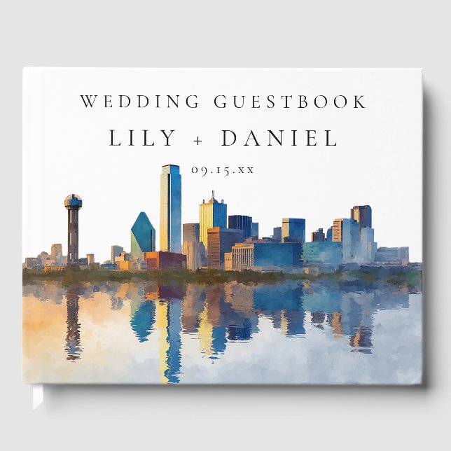 Dallas Skyline Aquarell-Hochzeit Gästebuch (Vorderseite)
