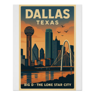 Dallas Skyline - Art mural rétro de voyage au Texa
