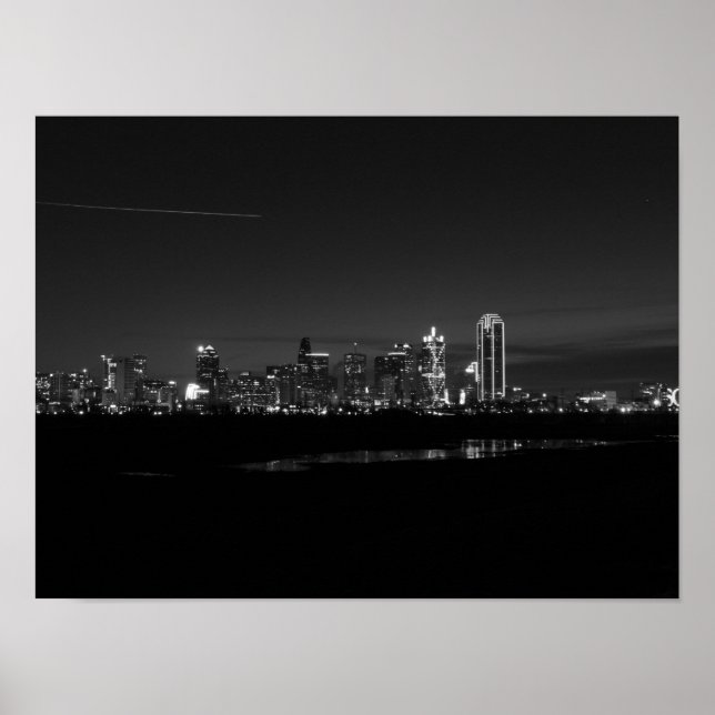 Dallas Skyline Dawn Pano Grayscale Poster (Vorne)