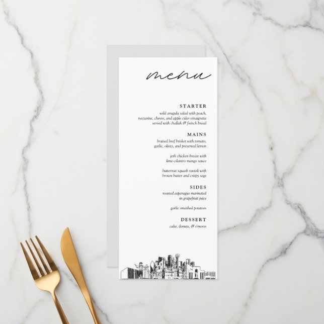 Dallas Skyline Wedding Dinner Menu Menükarte (Vorderseite/Rückseite Beispiel)