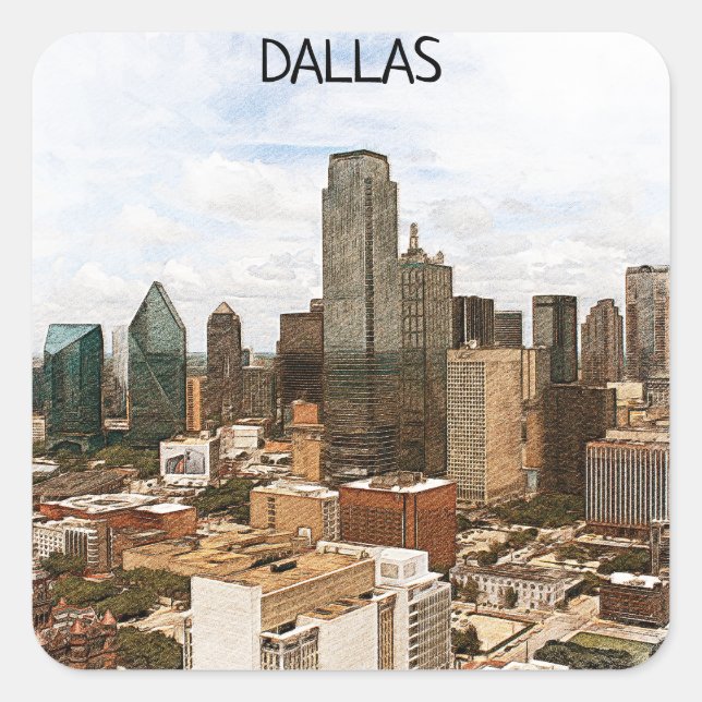 Dallas Texas Panorama VIew City Silhouette Quadratischer Aufkleber (Vorderseite)