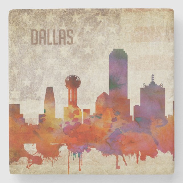 Dallas, TX | Aquarell-Stadt-Skyline Steinuntersetzer (Vorderseite)