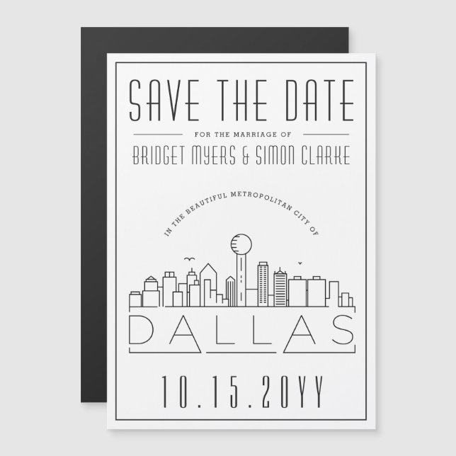 Dallas Wedding | Stilisierte Skyline Save the Date Magneteinladung (Vorne/Hinten)
