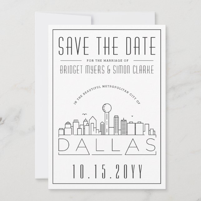 Dallas Wedding Stylized Skyline Save the Date Einladung (Vorderseite)