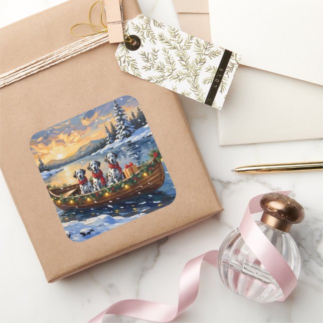 Dalmatian Christmas Boat Holiday Quadratischer Aufkleber (Schenken)