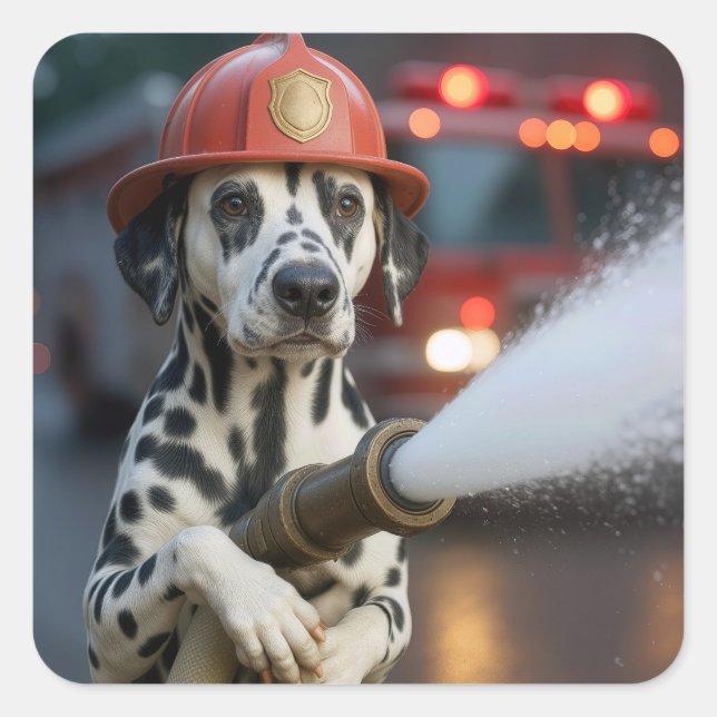 Dalmatian Dog With a Fire Hose Quadratischer Aufkleber (Vorderseite)