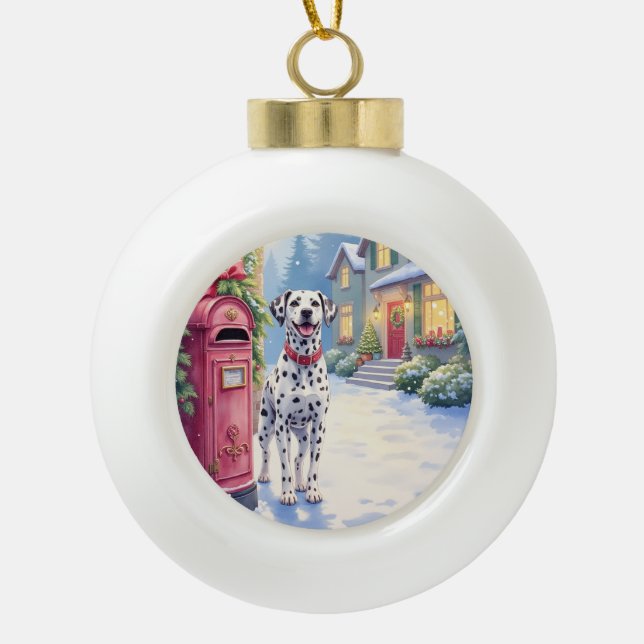 Dalmatian Festive Mailbox Christmas Art Keramik Kugel-Ornament (Vorderseite)