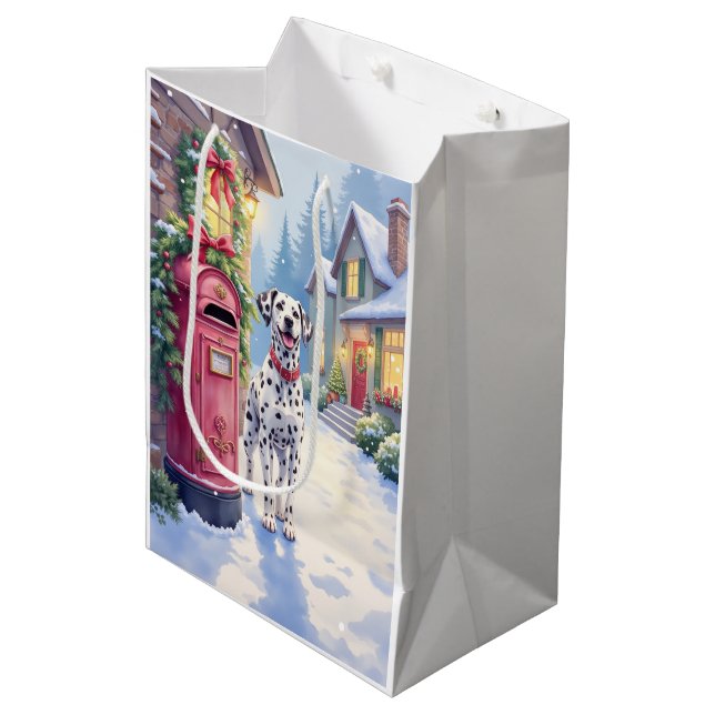 Dalmatian Festive Mailbox Christmas Art Mittlere Geschenktüte (Vorderseite Schrägansicht)