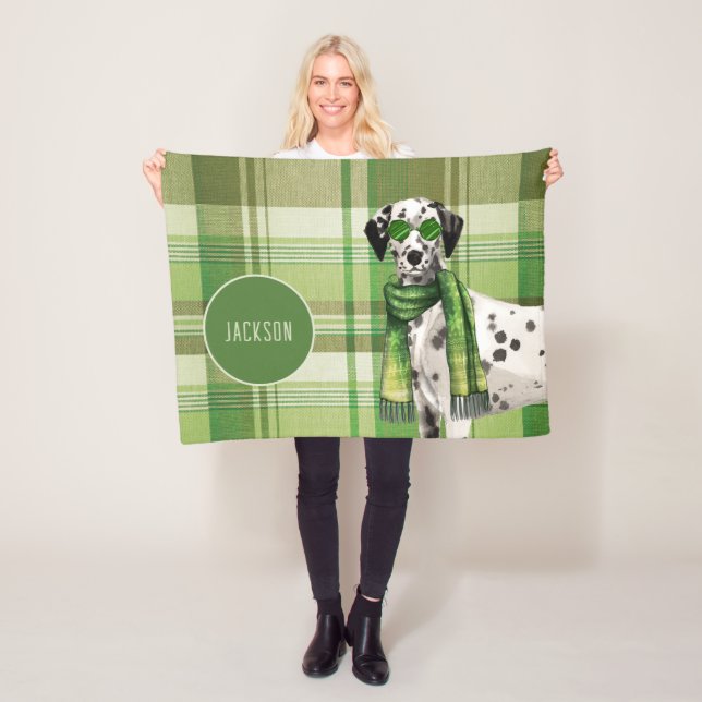 Dalmatian on Green Plaid with Dog's Name Fleecedecke (Beispiel)