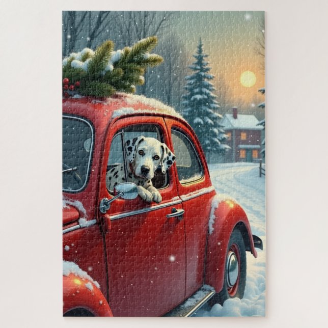 Dalmatian Snowy Car Ride Christmas Painting (Vertikal)