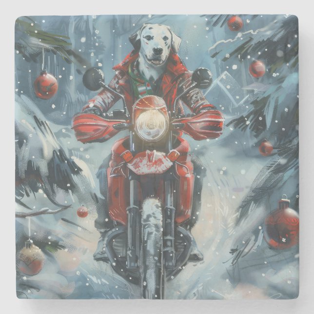 Dalmatiner Dog Riding Motorrad Weihnachten Steinuntersetzer (Vorderseite)