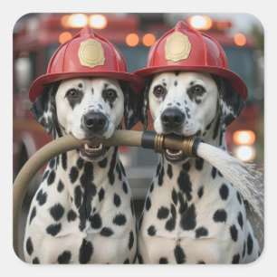 Dalmatiner halten einen Feuerwehrschlauch Quadratischer Aufkleber