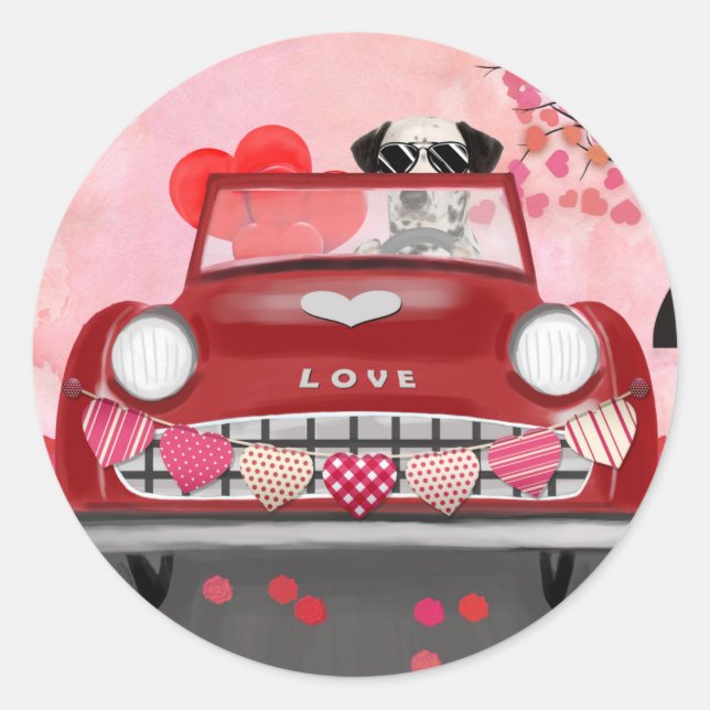 Dalmatiner Hund Auto mit Herzvalentiner Runder Aufkleber (Vorderseite)