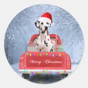 Dalmatiner Hund im Schnee sitzen im Weihnachtswage Runder Aufkleber