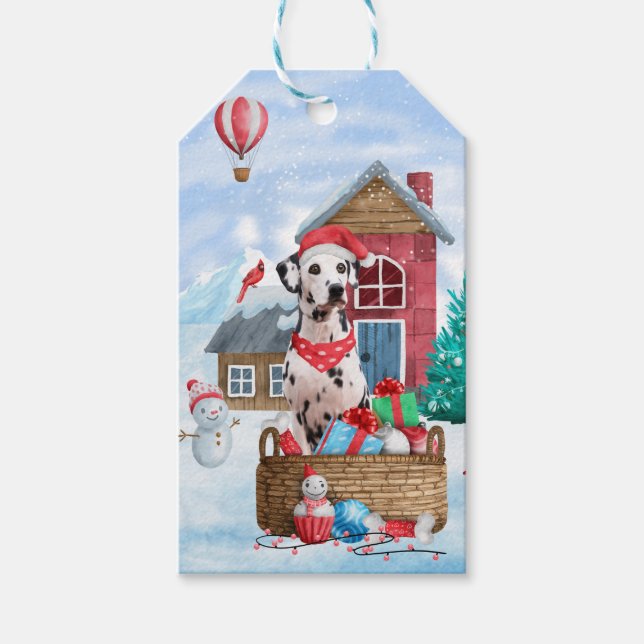 Dalmatiner Hund im Schnee Weihnachtshundehaus Geschenkanhänger (Vorderseite)