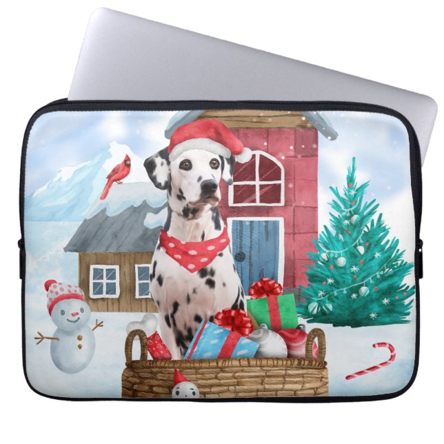 Dalmatiner Hund im Schnee Weihnachtshundehaus Laptopschutzhülle (Vorderseite)