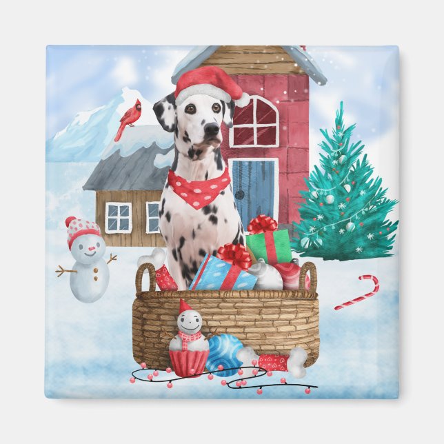 Dalmatiner Hund im Schnee Weihnachtshundehaus Magnet (Vorne)