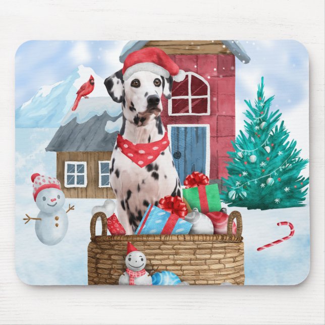 Dalmatiner Hund im Schnee Weihnachtshundehaus Mousepad (Vorne)