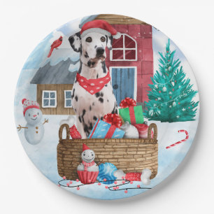 Dalmatiner Hund im Schnee Weihnachtshundehaus Pappteller