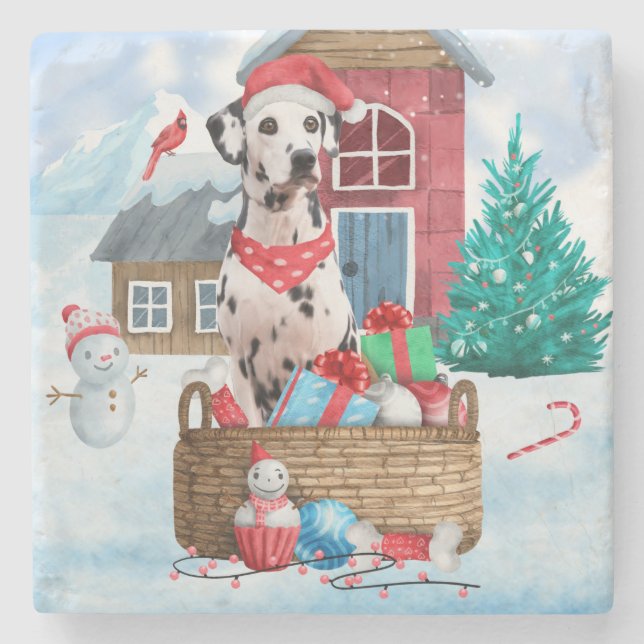 Dalmatiner Hund im Schnee Weihnachtshundehaus Steinuntersetzer (Vorderseite)