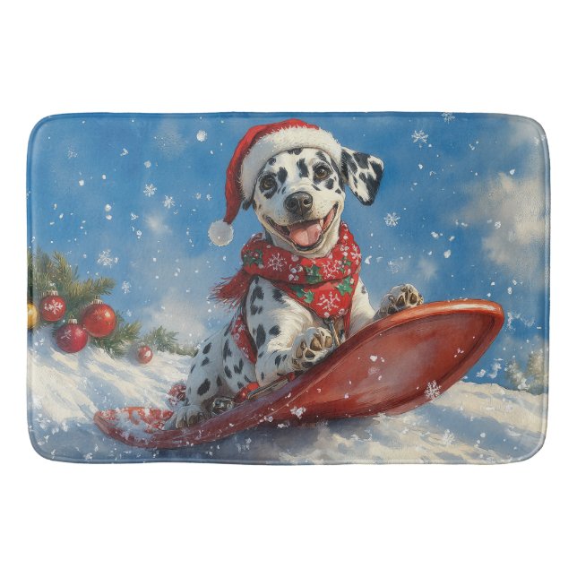 Dalmatiner Hund in Sledge Lass es Schnee Weihnacht Badematte (Vorderseite)