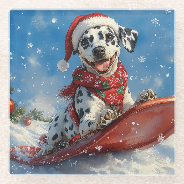 Dalmatiner Hund in Sledge Lass es Schnee Weihnacht Glasuntersetzer (Vorderseite)