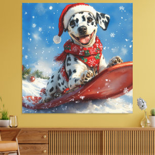 Dalmatiner Hund in Sledge Lass es Schnee Weihnacht Leinwanddruck