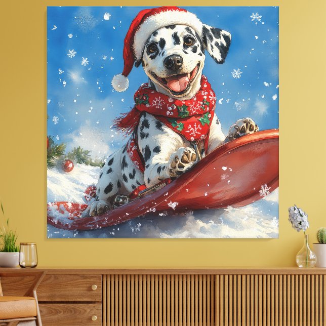 Dalmatiner Hund in Sledge Lass es Schnee Weihnacht Leinwanddruck (Insitu (Wohnzimmer))
